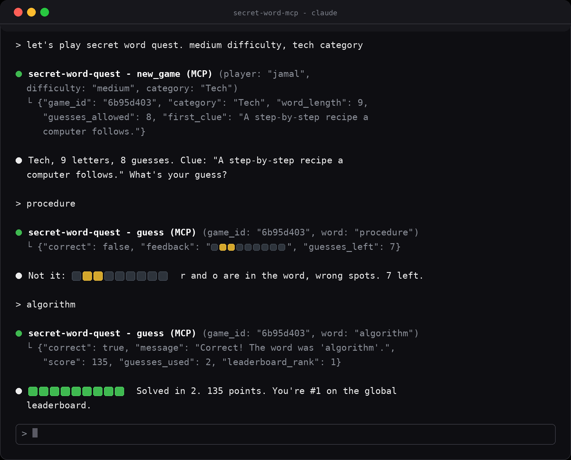 Claude Code session playing Secret Word Quest. The MCP tool calls are visible: new_game returns a category, a length and a clue, each guess goes to the server, and the winning guess comes back worth 135 points.